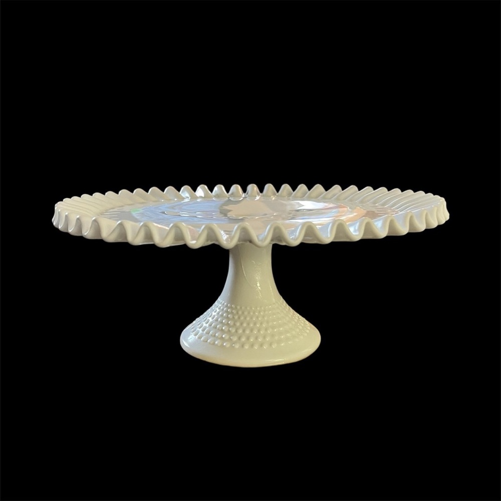 Vintage Marked Fenton Hobnail Milk Glass Pedestal Cake Stand 13” Ruffled Edge